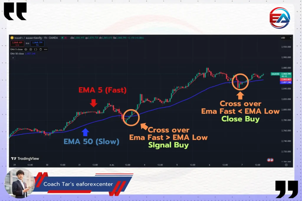 รูปที่ 7 เทคนิคการเทรดโดยการใช้ Crossover 2 EMA ของออเดอร์ประเภท Buy