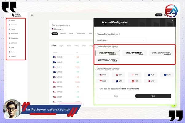 รูปที่ 6 แสดงถึงหน้า Dashboard เมนูบนเว็บไซต์ ที่จัดระเบียบไปอยู่ด้านขวาใช้งานง่าย และ การเลือกประเภทบัญชีที่มีระบุอย่างชัดเจนว่าจะใช้ประเภทไหน