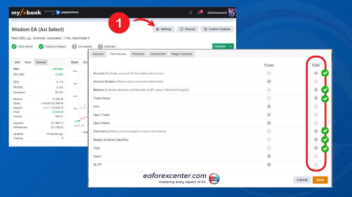 ตั้งค่าให้ myfxbook เป็น public
